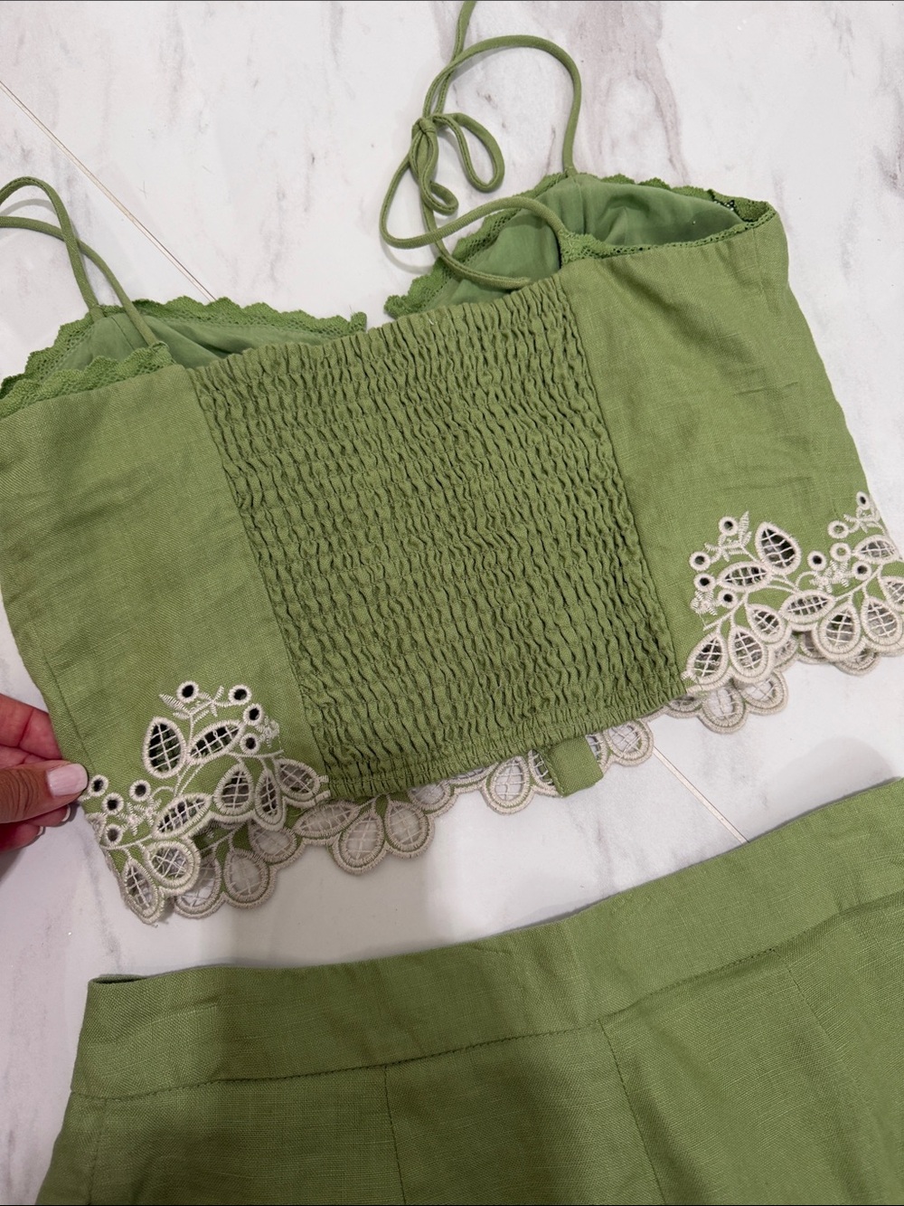 Astr Olive Green Embroidered Halter Crop Top & High-Waist Shorts Set - Picture 3 of 6